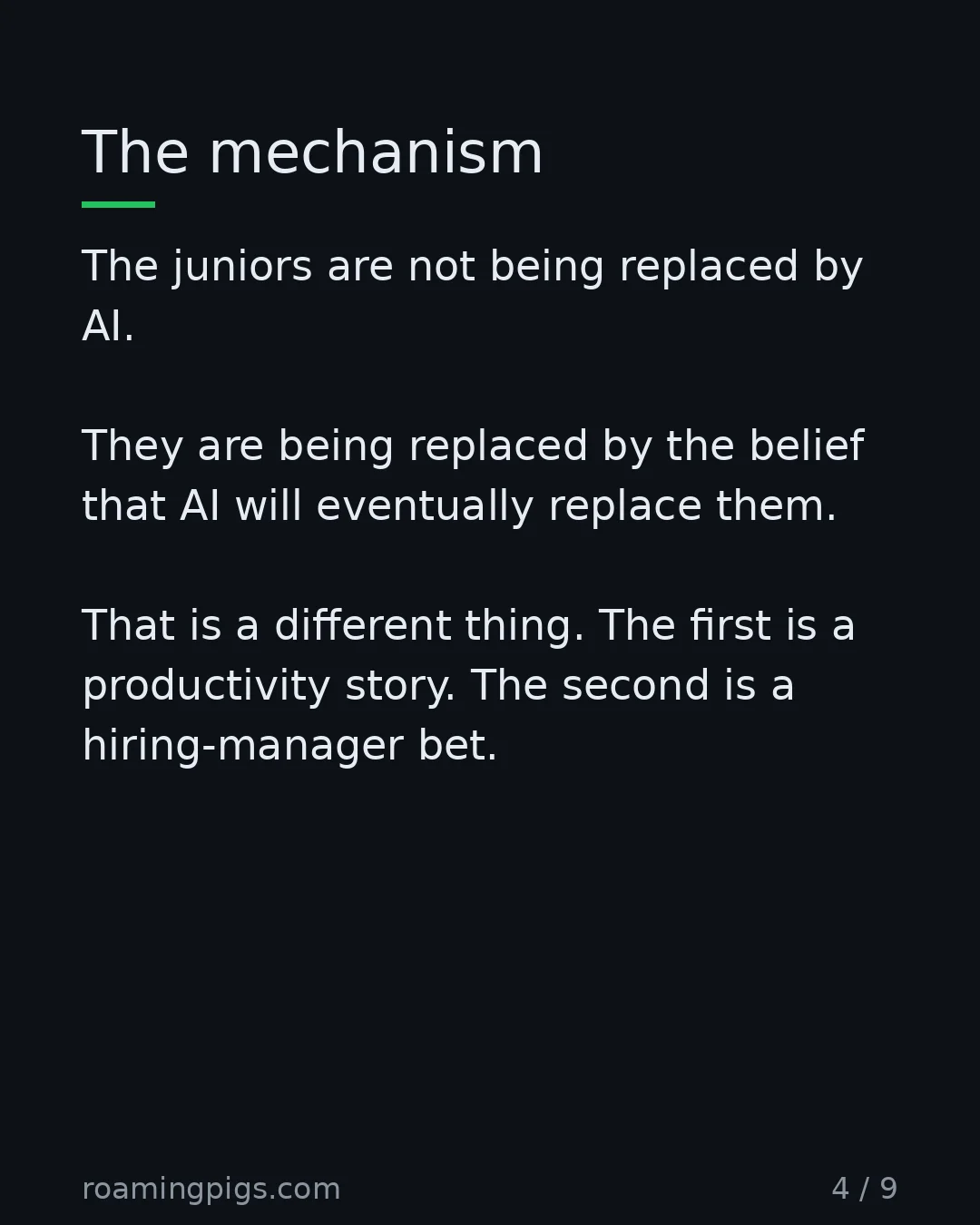 Slide 4 of 9: Anticipated automation, not actual automation. The juniors are not being replaced by AI. They are being replaced by the belief that AI will…