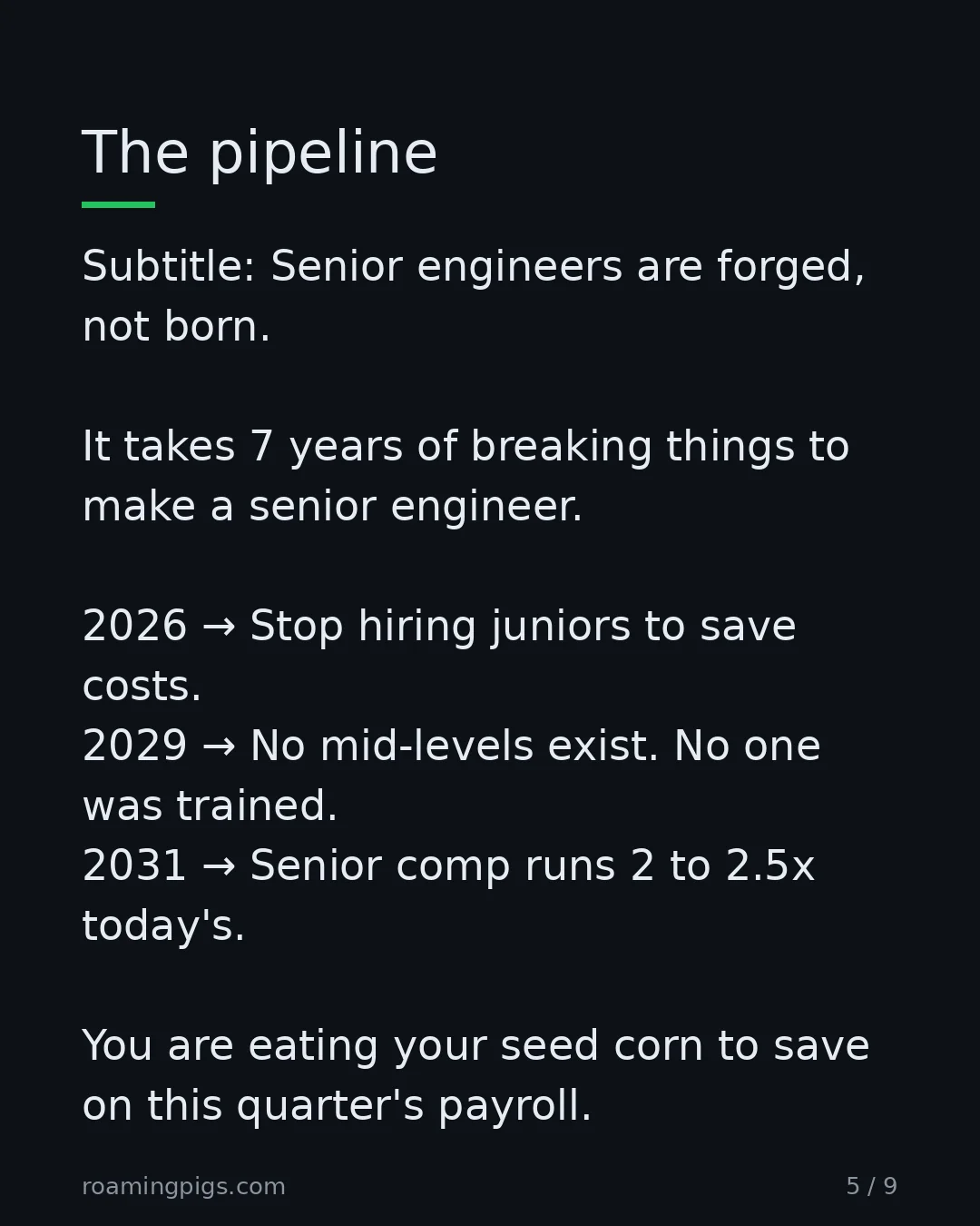 Slide 5 of 9: Senior engineers are forged, not born. It takes 7 years of breaking things to make a senior engineer. 2026 → Stop hiring juniors to save…