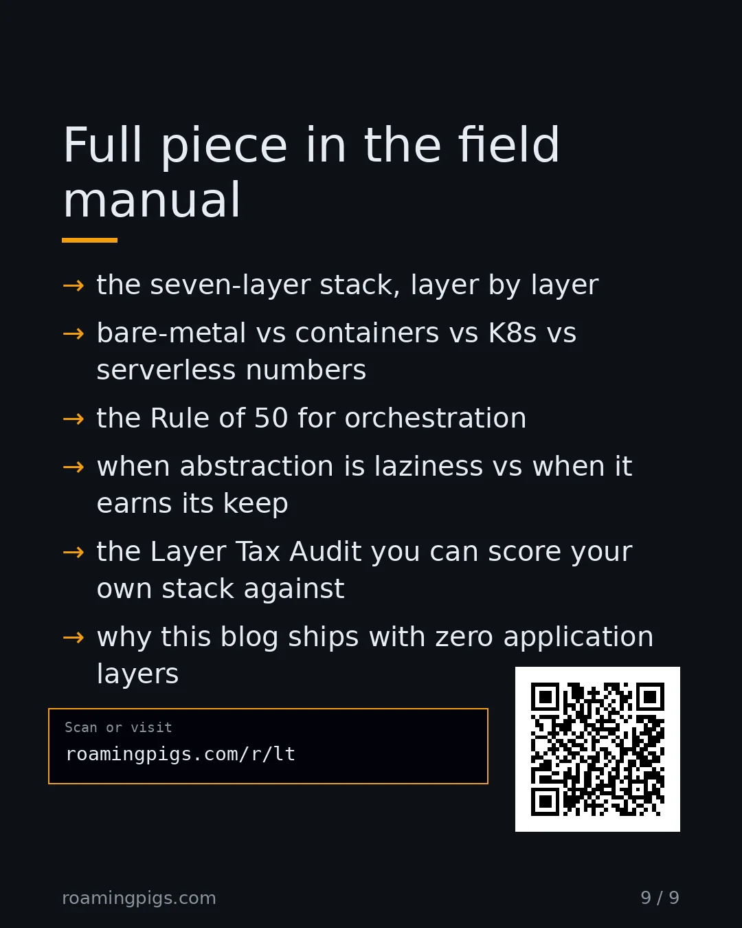 Slide 9 of 9: Call to action: the seven-layer stack, layer by layer bare-metal vs containers vs K8s vs serverless numbers the Rule of 50 for…