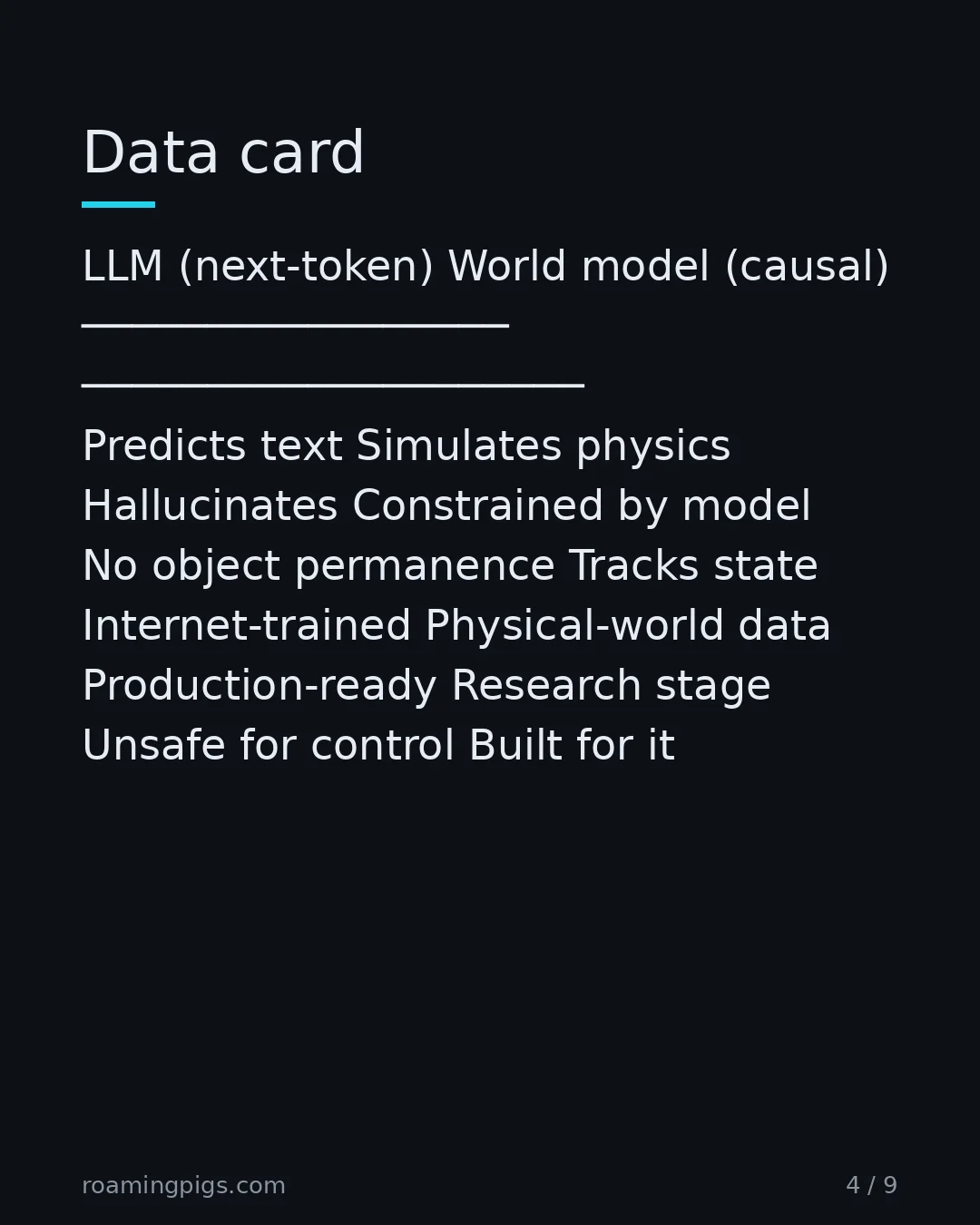 Slide 4 of 9: Side-by-side: next-token prediction versus a system that simulates cause and effect. LLM (next-token) World model (causal)…