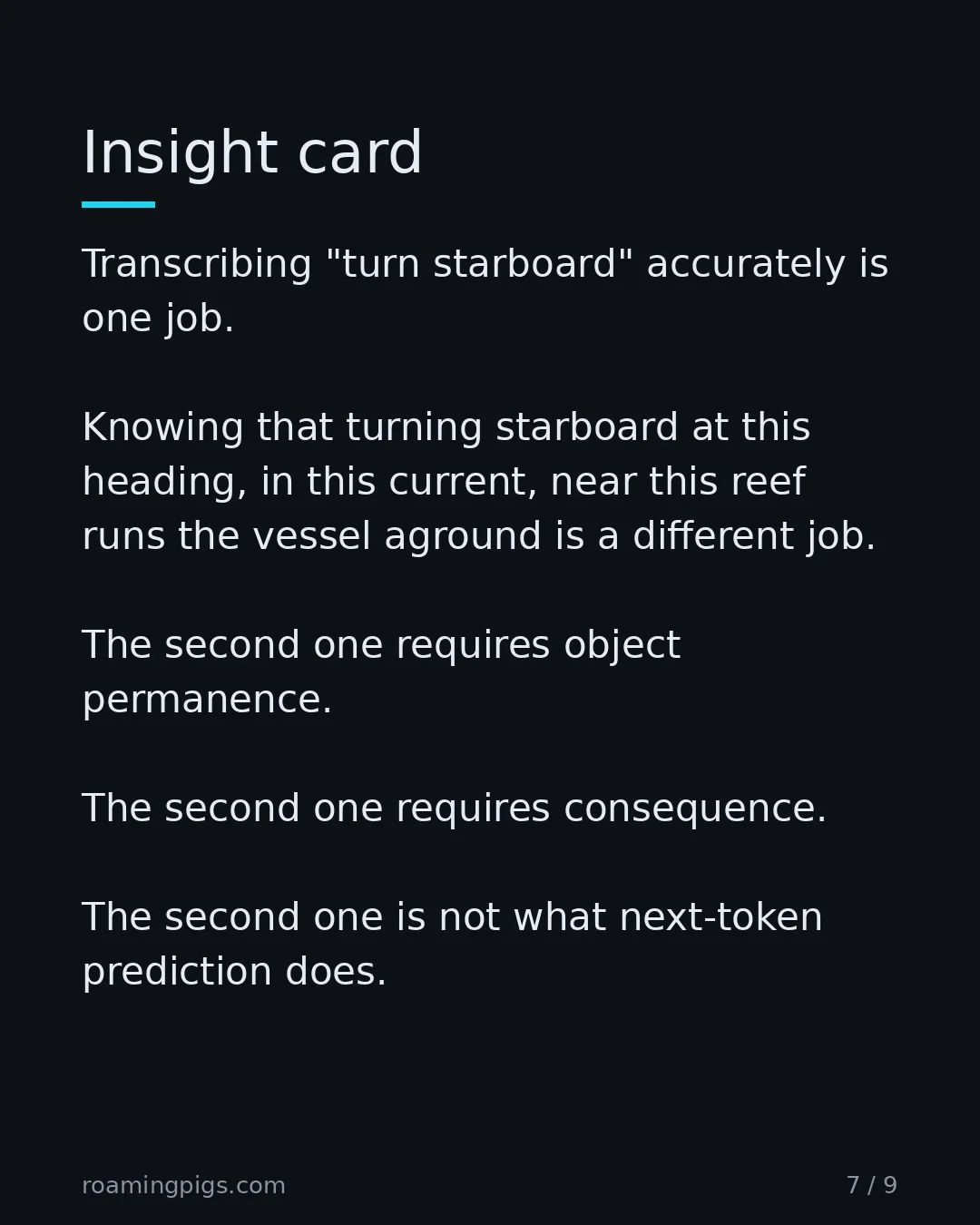 Slide 7 of 9: Twelve years of building voice AI for the Coast Guard and DHS taught me the same lesson LeCun is naming. Transcribing "turn starboard"…