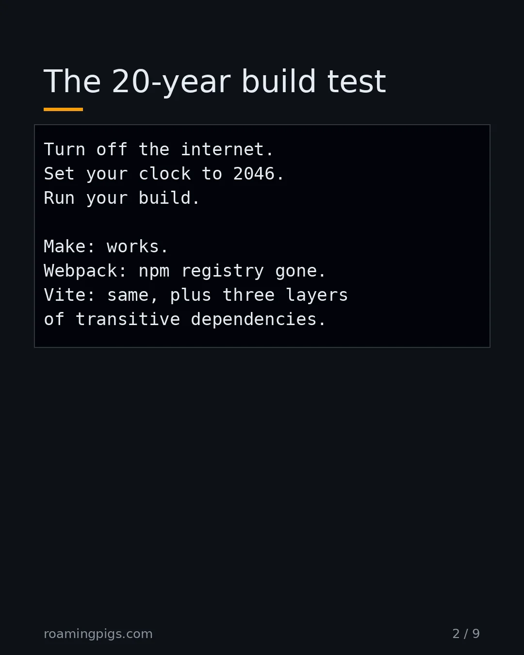 Slide 2 of 9: The 20-year build test. Code example
