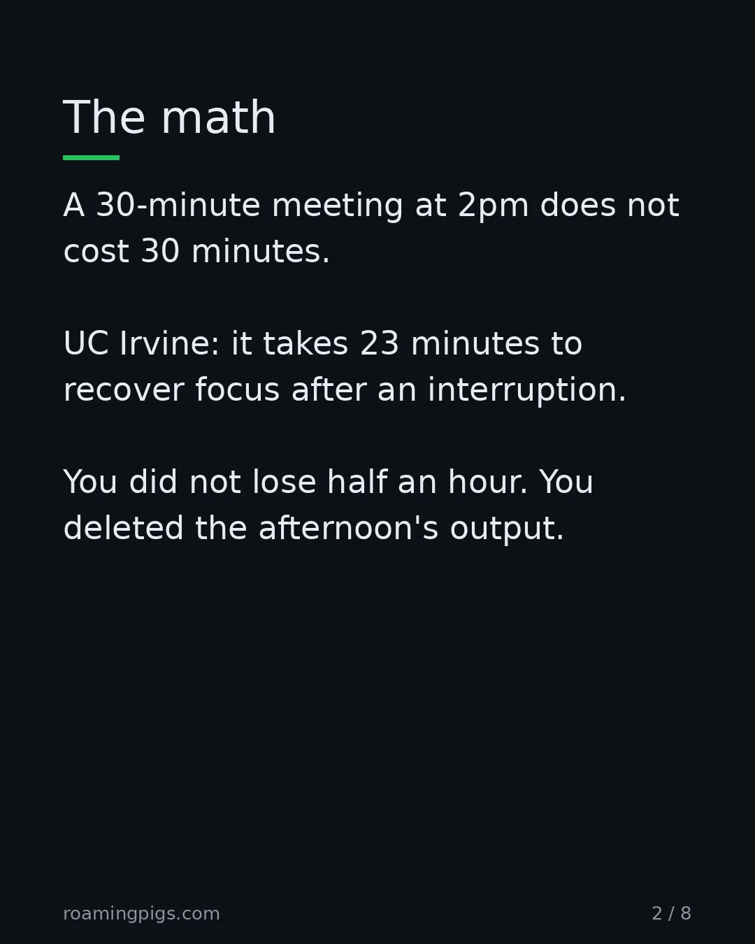 Slide 2 of 8: The math. A 30-minute meeting at 2pm does not cost 30 minutes. UC Irvine: it takes 23 minutes to recover focus after an interruption. You…