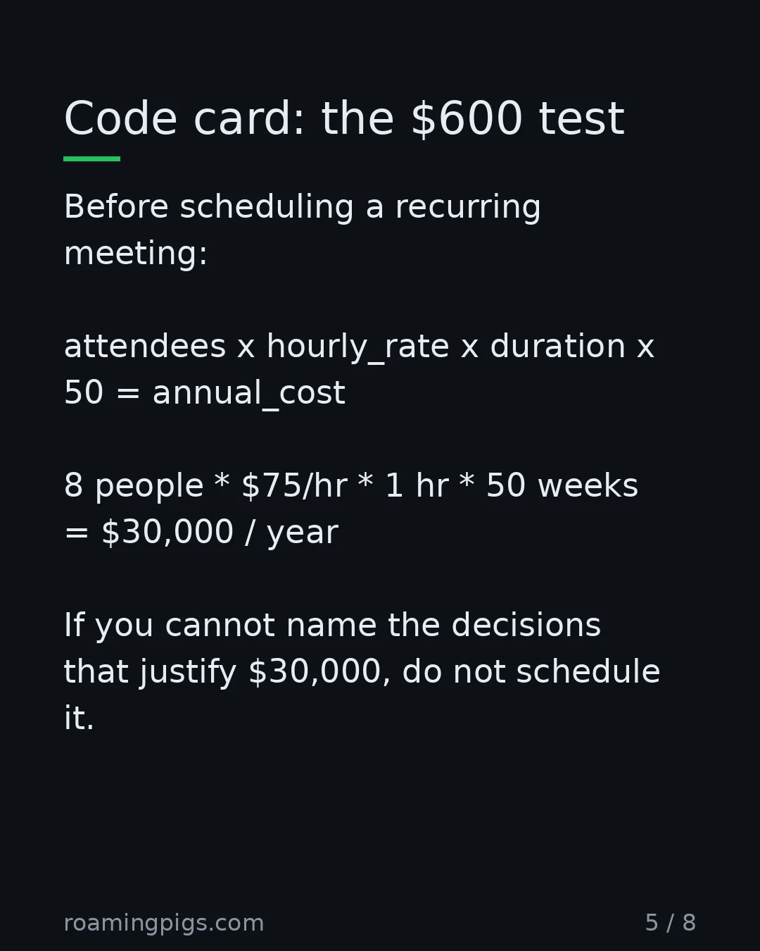 Slide 5 of 8: Code card: the $600 test. Before scheduling a recurring meeting: attendees x hourly_rate x duration x 50 = annual_cost 8 people * $75/hr *…