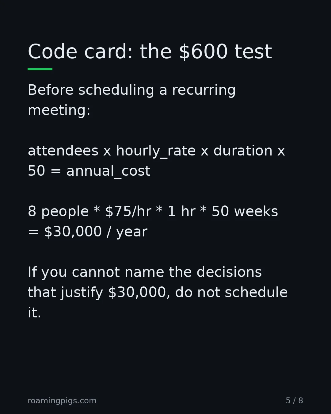 Slide 5 of 8: Code card: the $600 test. Before scheduling a recurring meeting: attendees x hourly_rate x duration x 50 = annual_cost 8 people * $75/hr *…