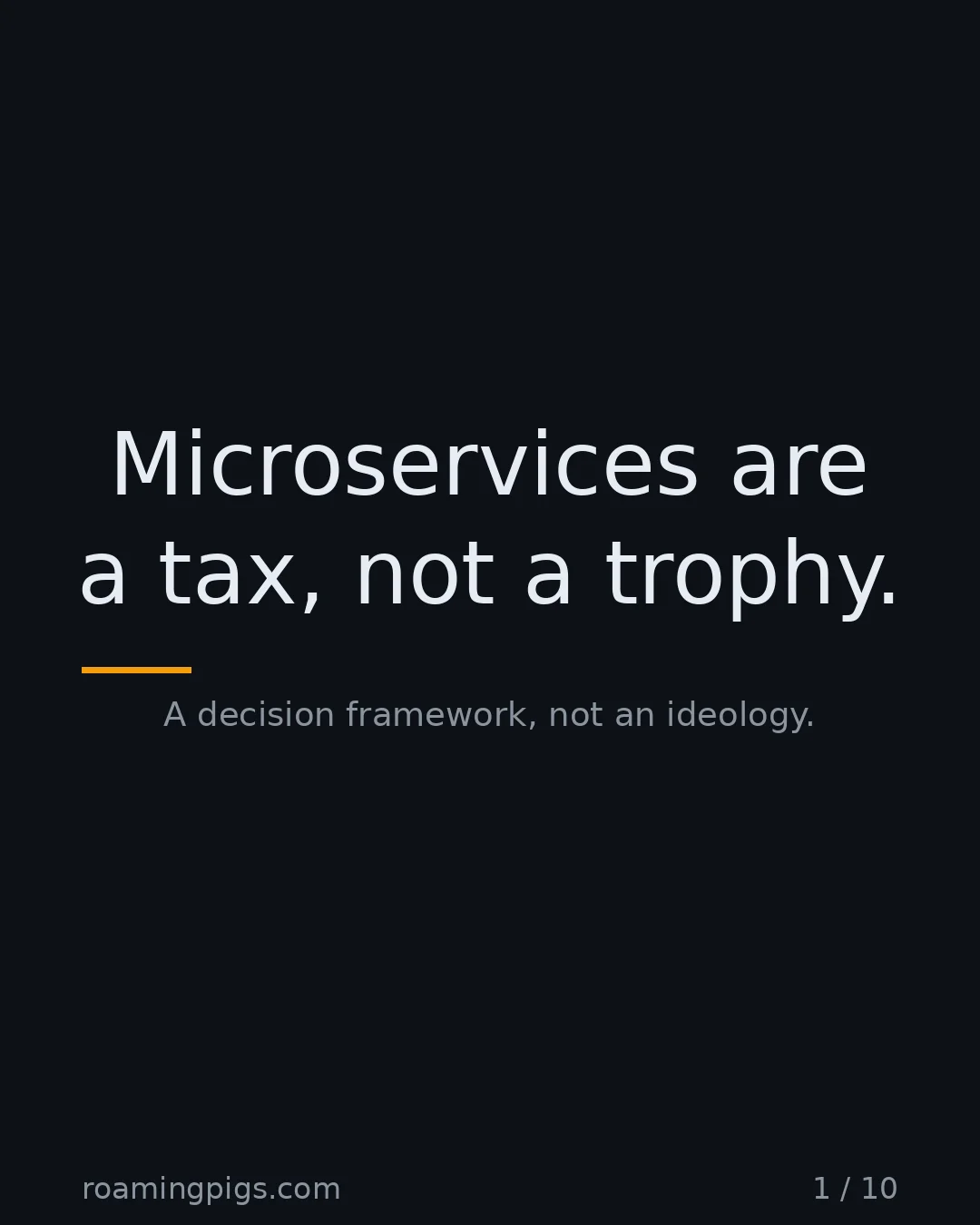 Slide 1 of 10: Microservices are a tax, not a trophy.. A decision framework, not an ideology