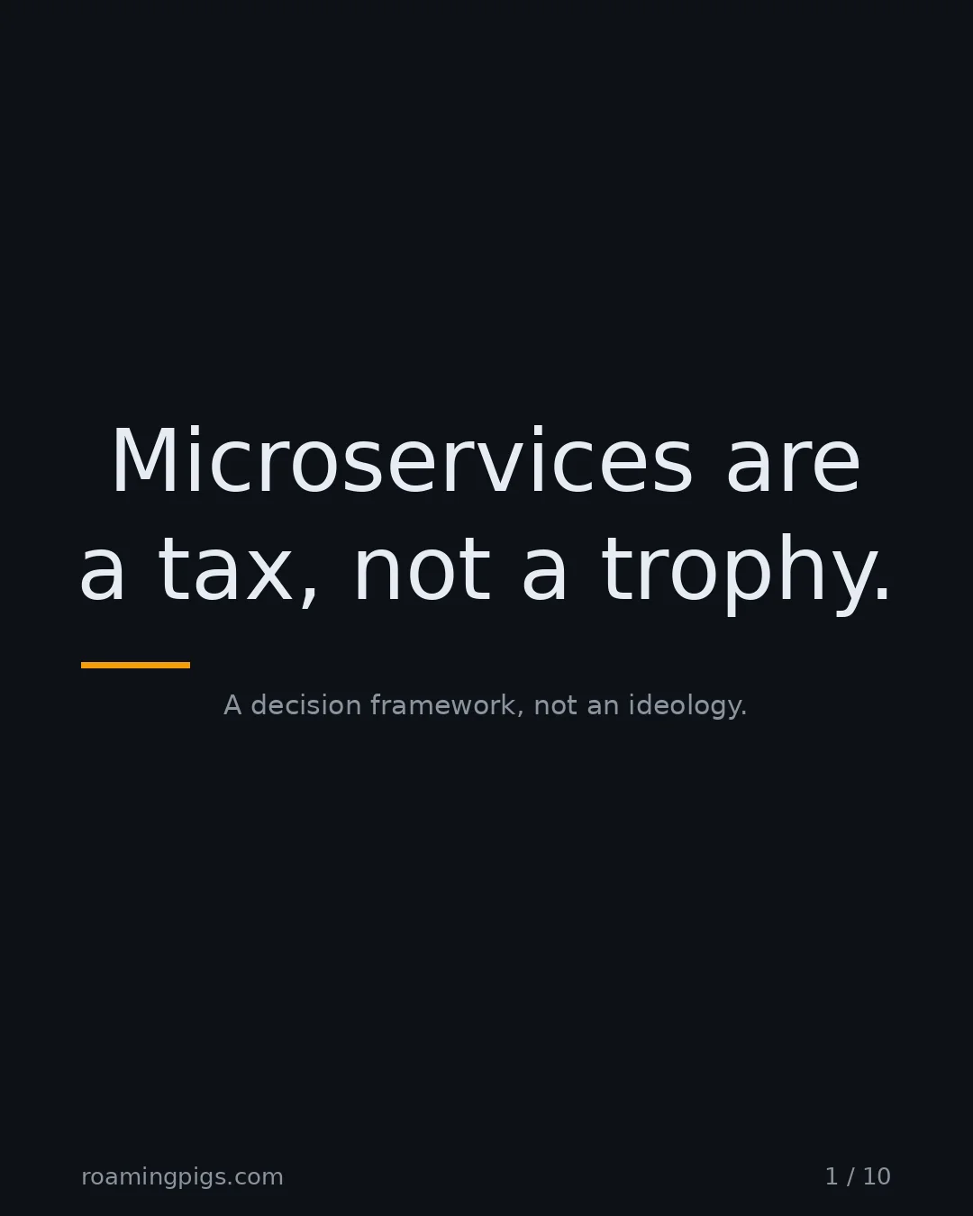 Slide 1 of 10: Microservices are a tax, not a trophy.. A decision framework, not an ideology