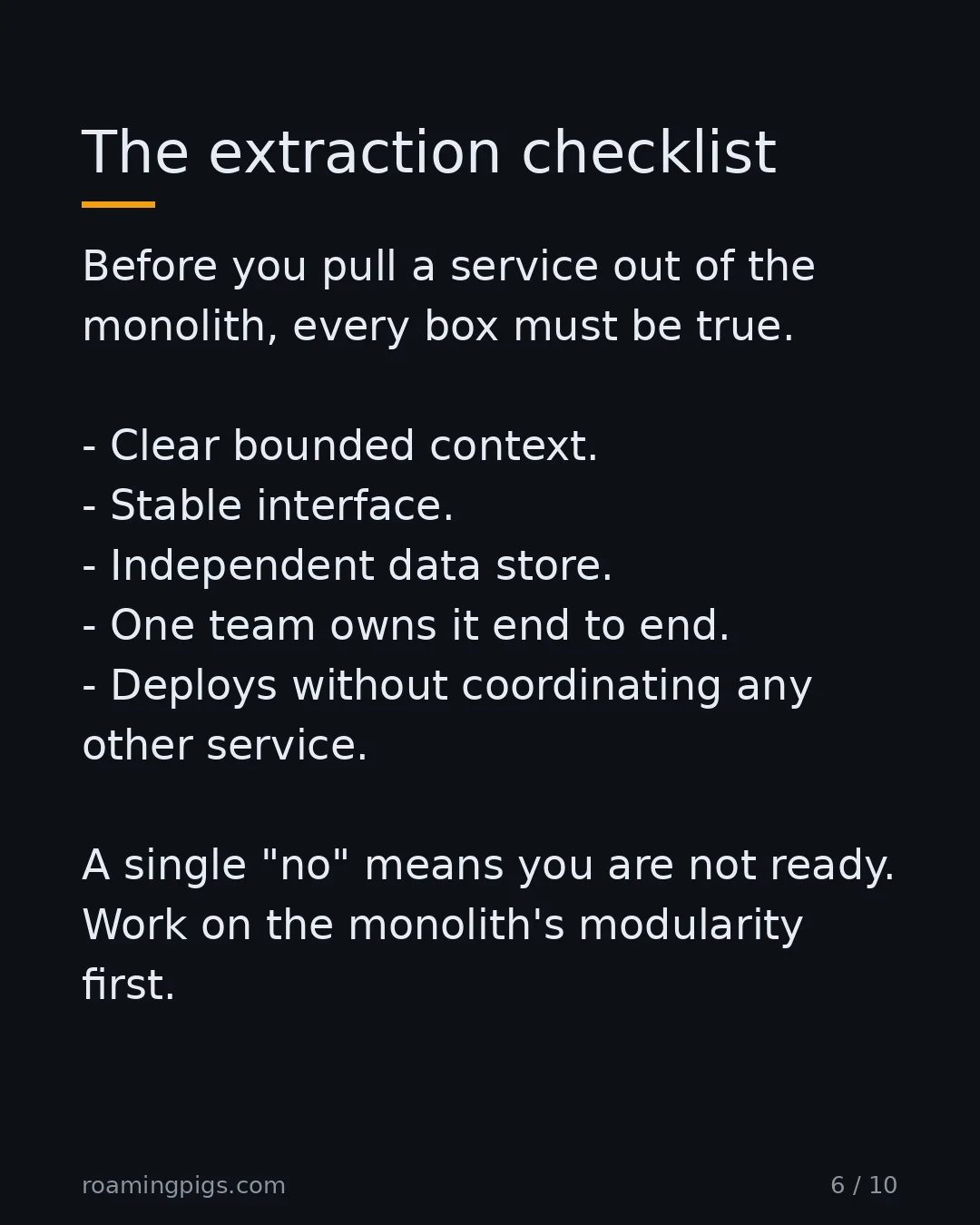 Slide 6 of 10: The extraction checklist. Before you pull a service out of the monolith, every box must be true. Clear bounded context. Stable interface.…