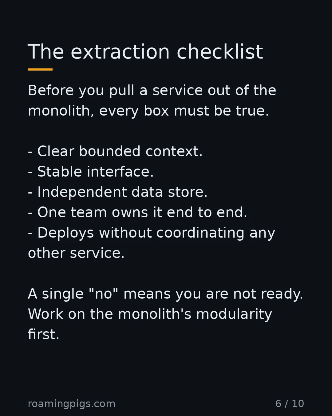 Slide 6 of 10: The extraction checklist. Before you pull a service out of the monolith, every box must be true. Clear bounded context. Stable interface.…