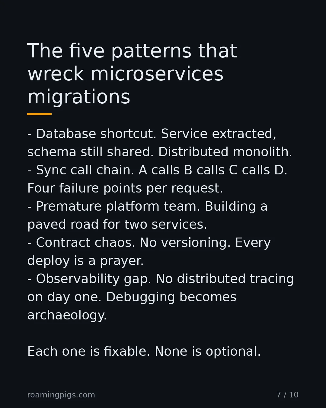 Slide 7 of 10: The five patterns that wreck microservices migrations. Database shortcut. Service extracted, schema still shared. Distributed monolith.…