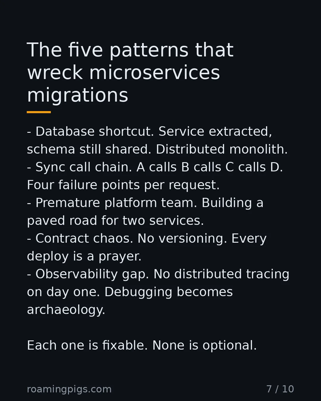 Slide 7 of 10: The five patterns that wreck microservices migrations. Database shortcut. Service extracted, schema still shared. Distributed monolith.…