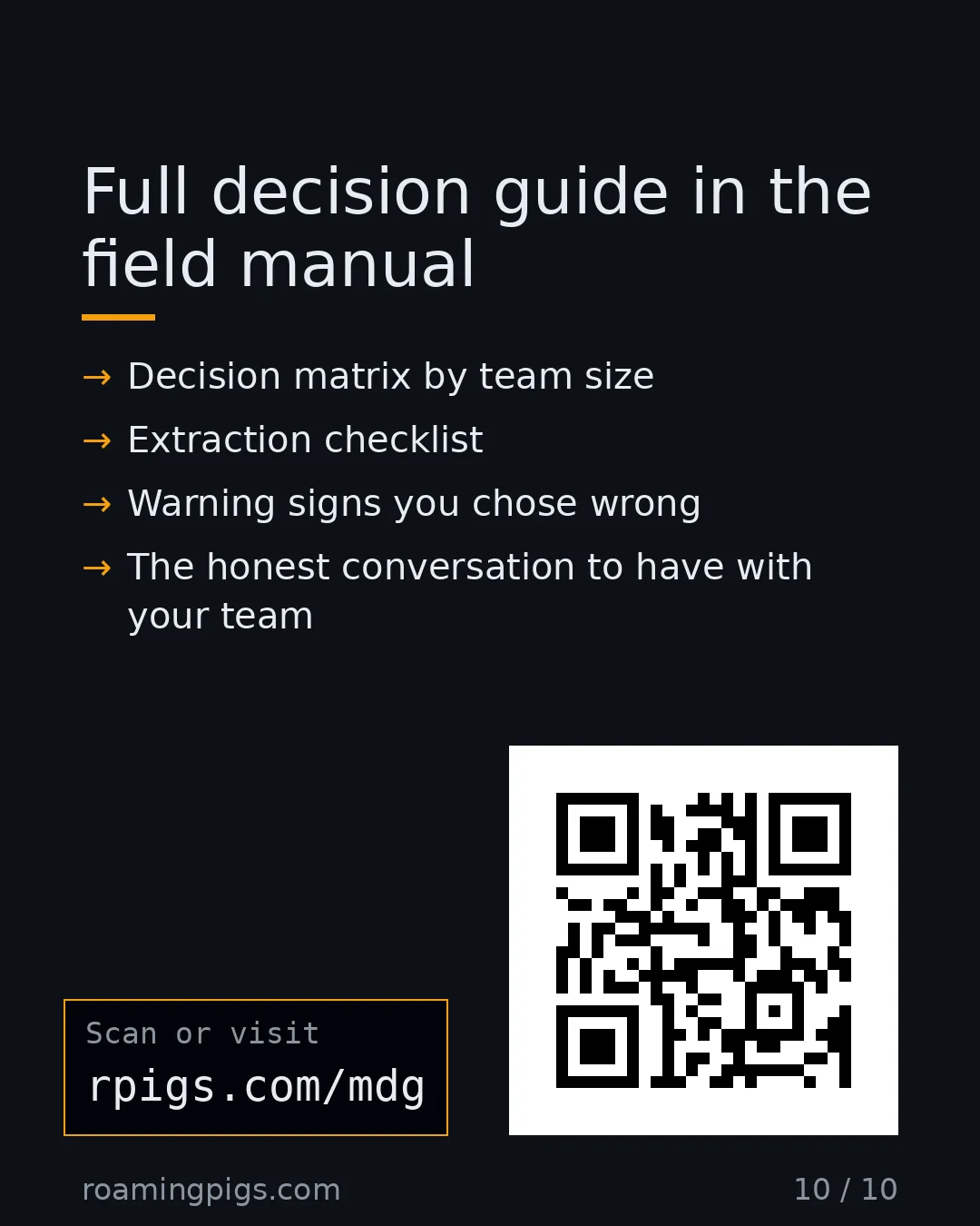 Slide 10 of 10: Call to action: Decision matrix by team size Extraction checklist Warning signs you chose wrong The honest conversation to have with your…