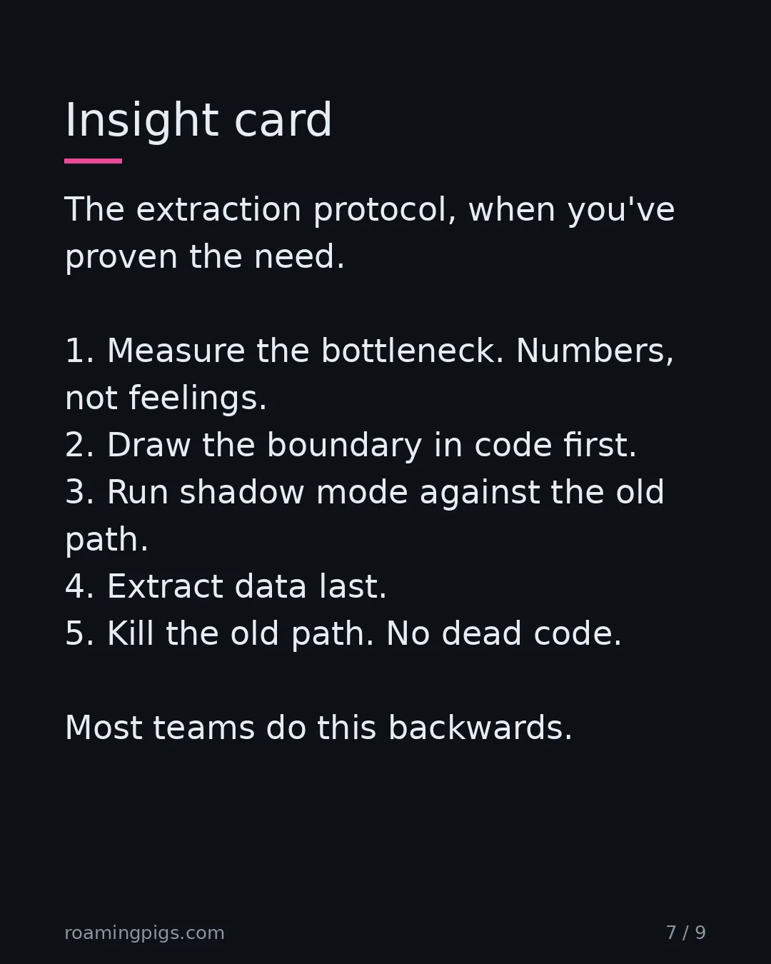 Slide 7 of 9: Insight card. The extraction protocol, when you've proven the need. 1. Measure the bottleneck. Numbers, not feelings. 2. Draw the boundary…