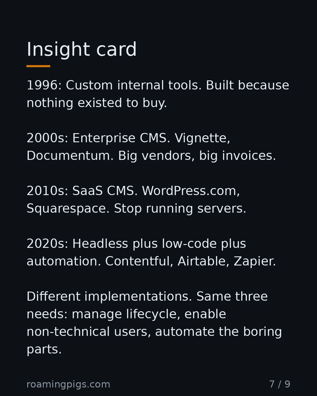 Slide 7 of 9: The pattern across four decades. 1996: Custom internal tools. Built because nothing existed to buy. 2000s: Enterprise CMS. Vignette,…
