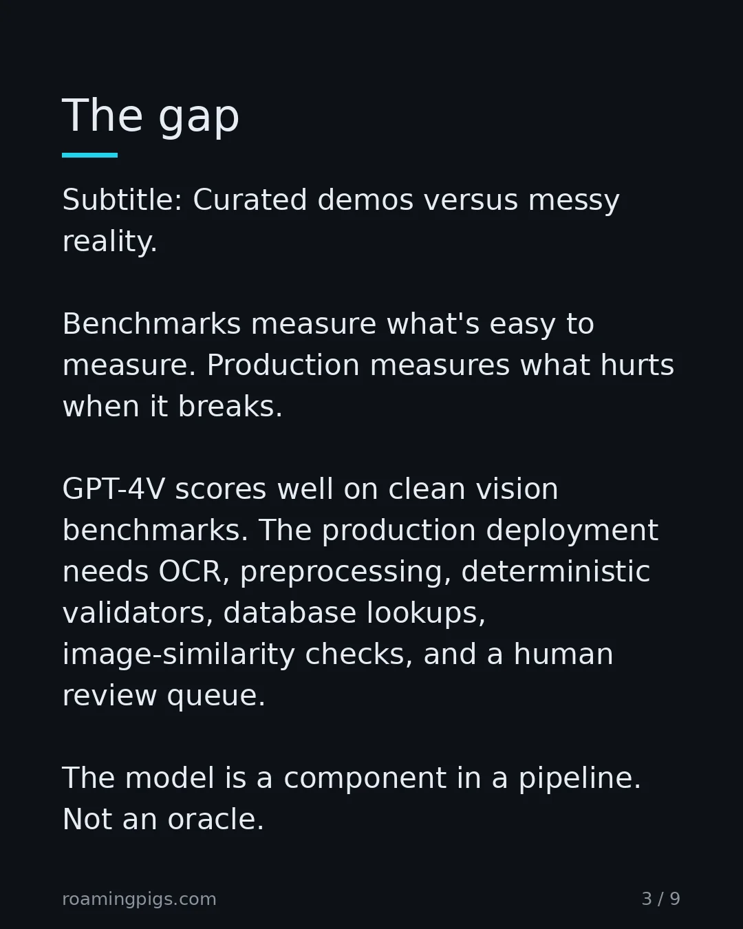 Slide 3 of 9: Curated demos versus messy reality. Benchmarks measure what's easy to measure. Production measures what hurts when it breaks. GPT-4V scores…