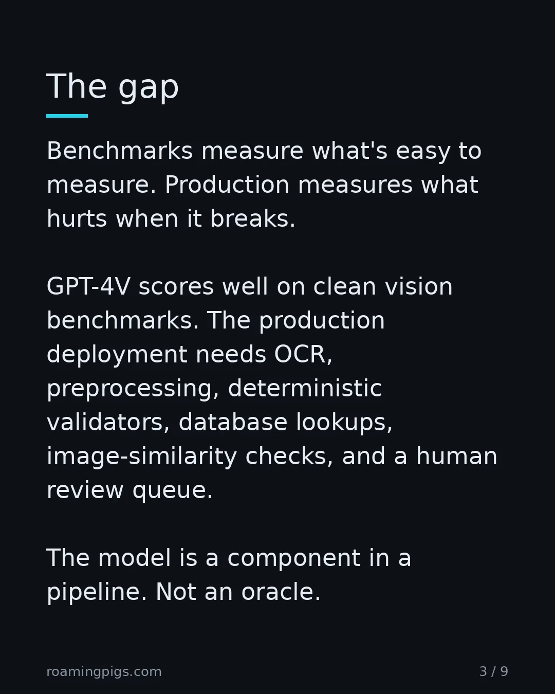 Slide 3 of 9: Curated demos versus messy reality. Benchmarks measure what's easy to measure. Production measures what hurts when it breaks. GPT-4V scores…