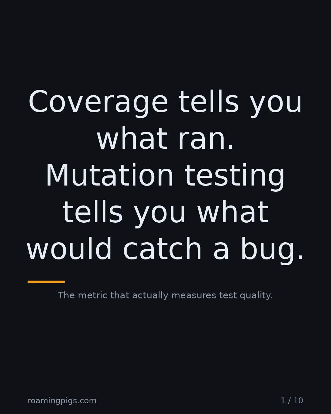 Slide 1 of 10: Coverage tells you what ran. Mutation testing tells you what would catch a bug.. The metric that actually measures test quality