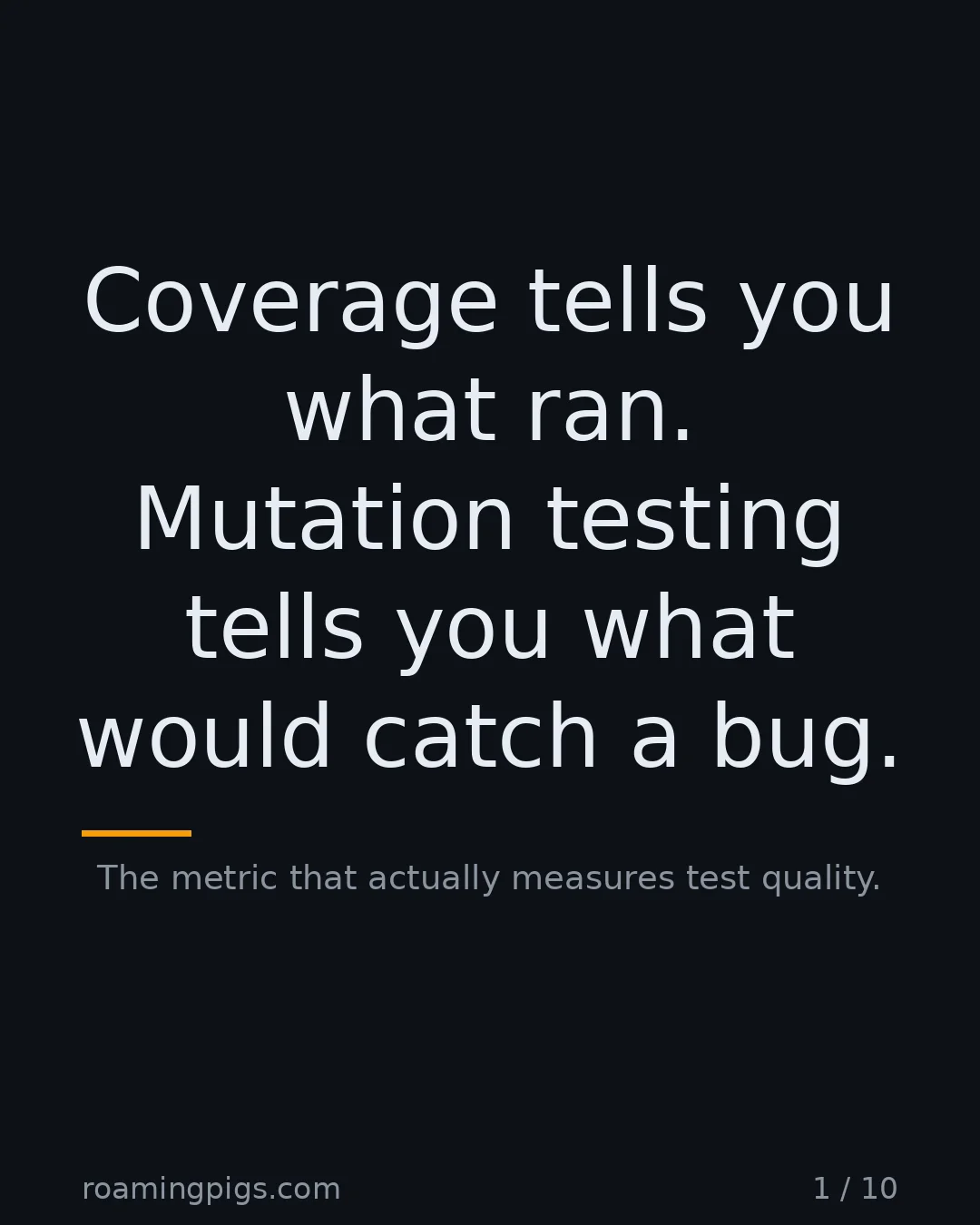 Slide 1 of 10: Coverage tells you what ran. Mutation testing tells you what would catch a bug.. The metric that actually measures test quality