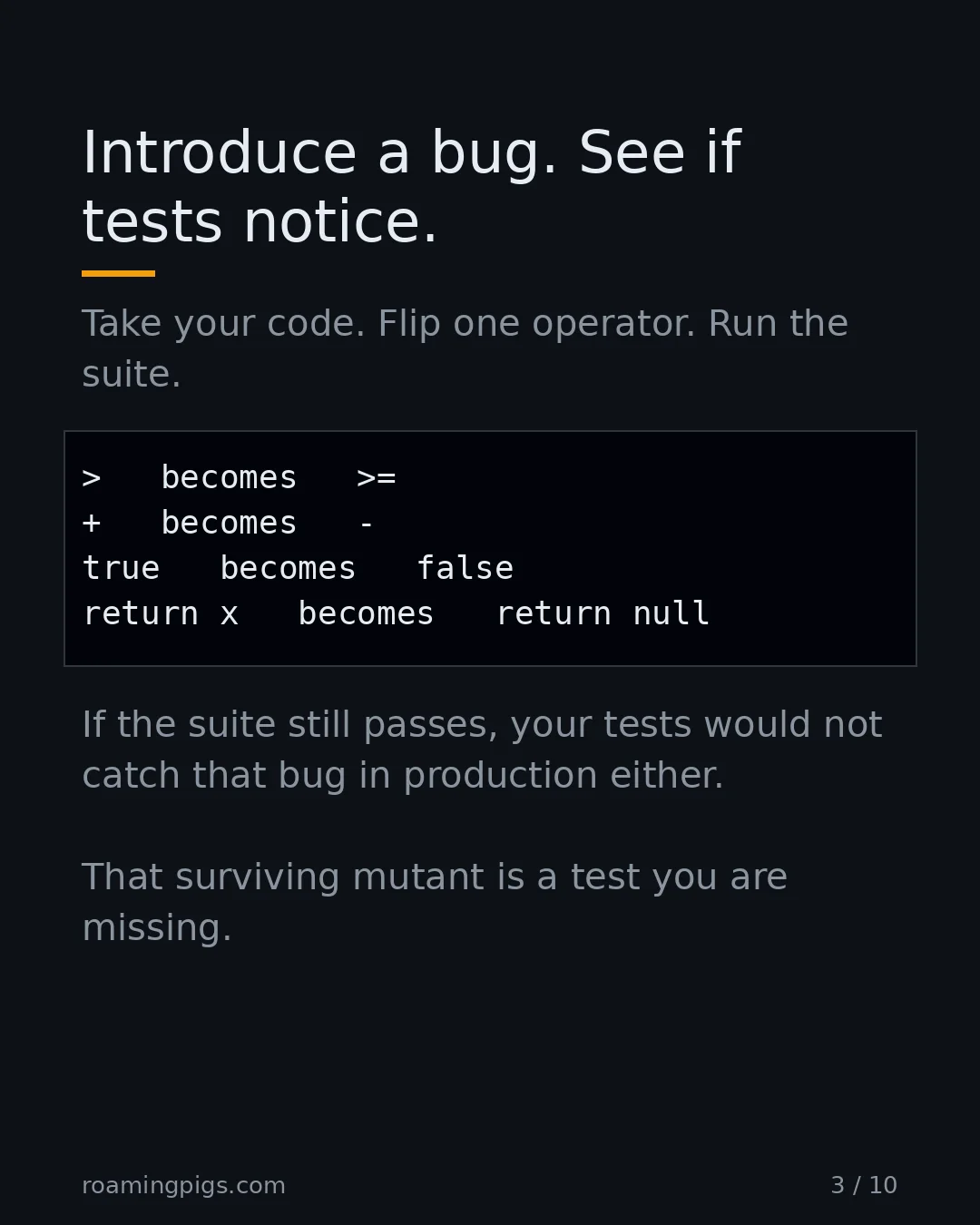 Slide 3 of 10: Introduce a bug. See if tests notice.. Code example. Take your code. Flip one operator. Run the suite