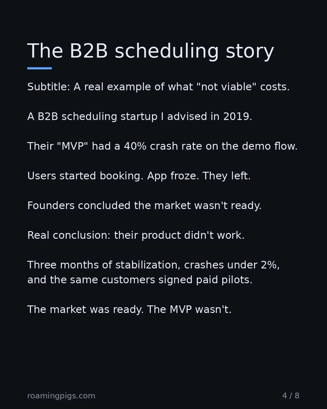 Slide 4 of 8: A real example of what "not viable" costs. A B2B scheduling startup I advised in 2019. Their "MVP" had a 40% crash rate on the demo flow.…