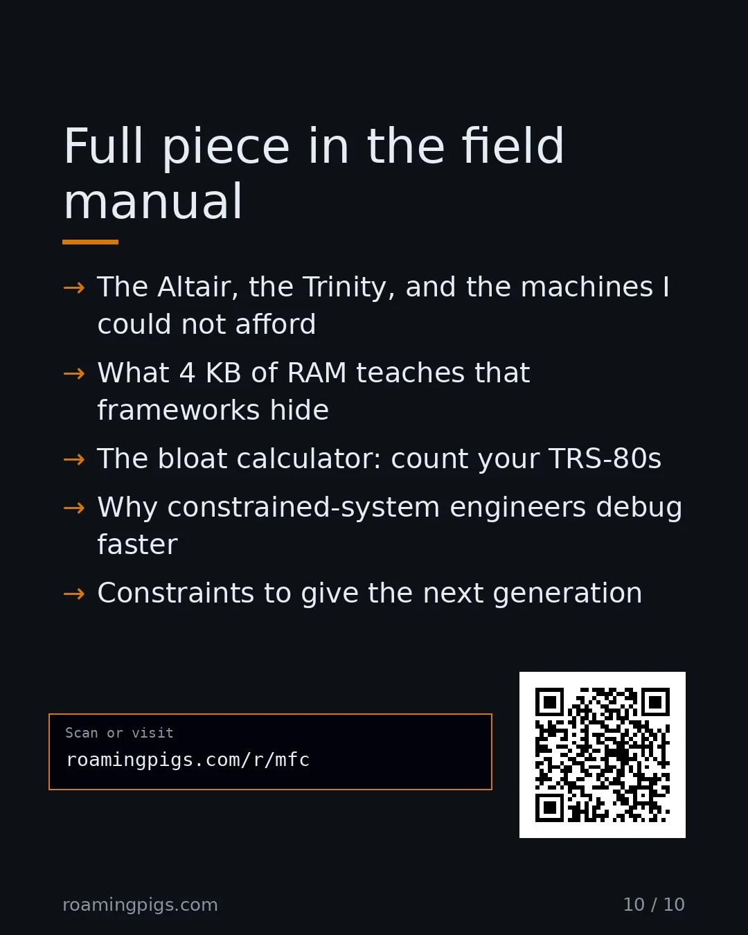 Slide 10 of 10: Call to action: The Altair, the Trinity, and the machines I could not afford What 4 KB of RAM teaches that frameworks hide The bloat…