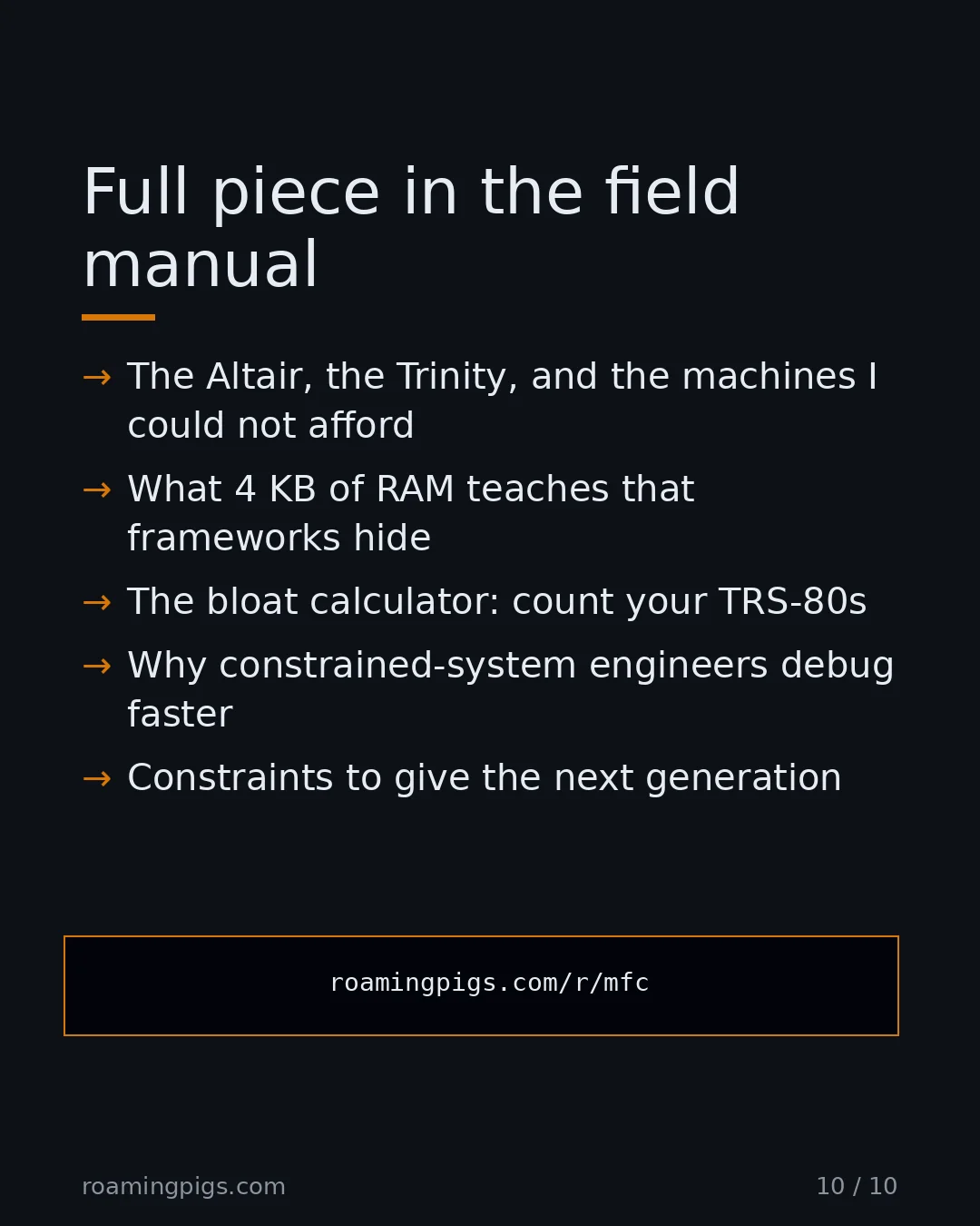 Slide 10 of 10: Call to action: The Altair, the Trinity, and the machines I could not afford What 4 KB of RAM teaches that frameworks hide The bloat…