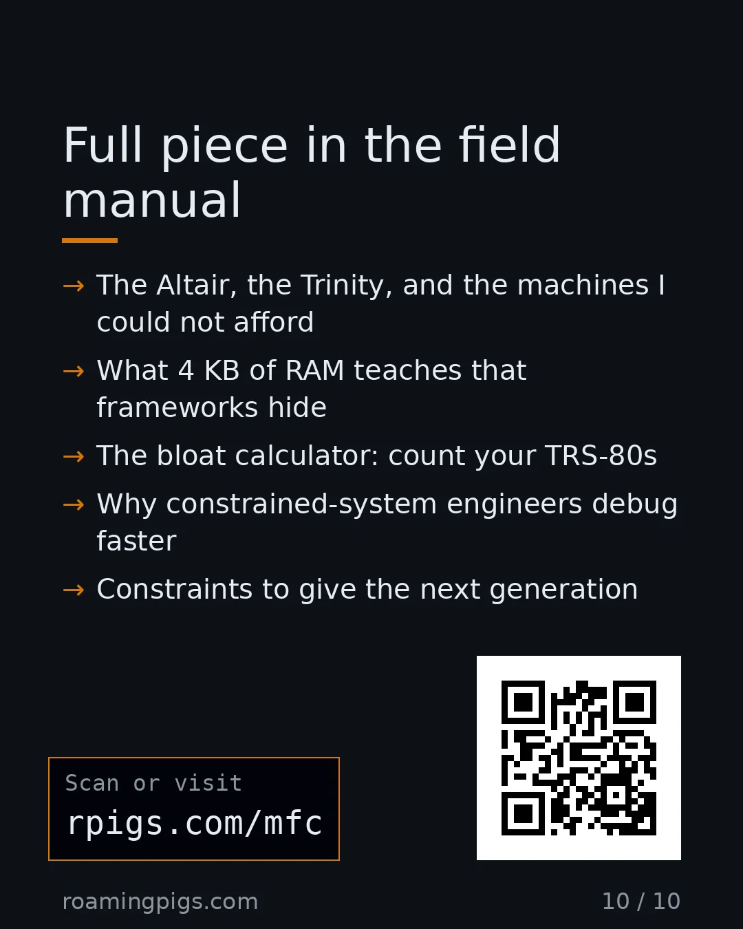 Slide 10 of 10: Call to action: The Altair, the Trinity, and the machines I could not afford What 4 KB of RAM teaches that frameworks hide The bloat…