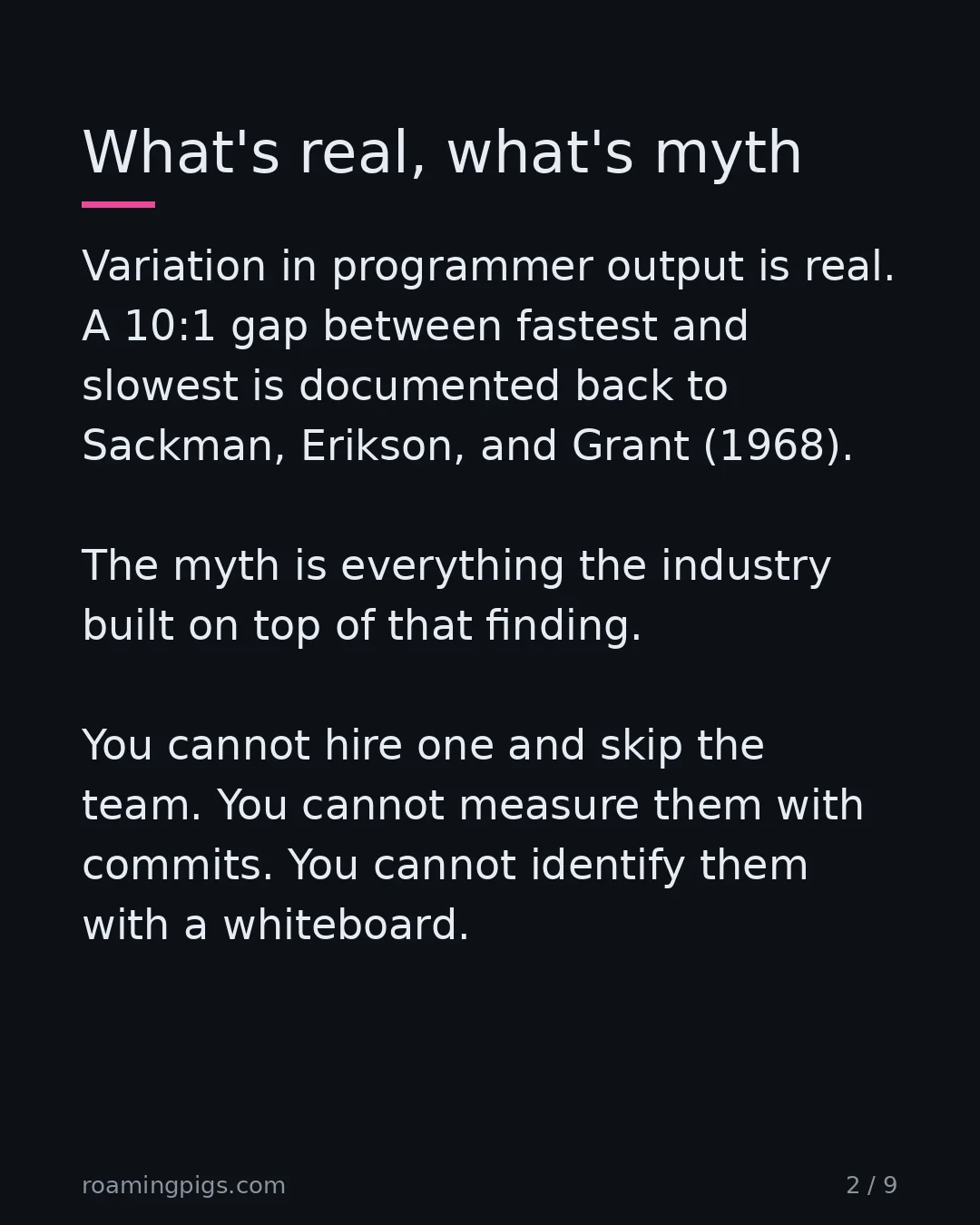 Slide 2 of 9: What's real, what's myth. Variation in programmer output is real. A 10:1 gap between fastest and slowest is documented back to Sackman,…