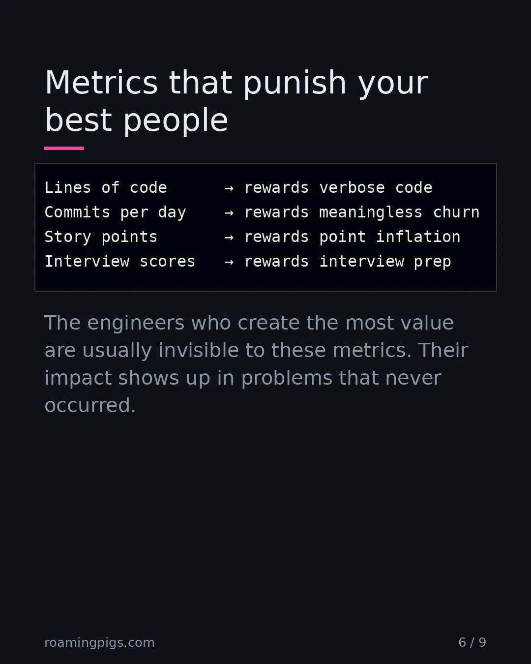 Slide 6 of 9: Metrics that punish your best people. Code example. The engineers who create the most value are usually invisible to these metrics. Their…