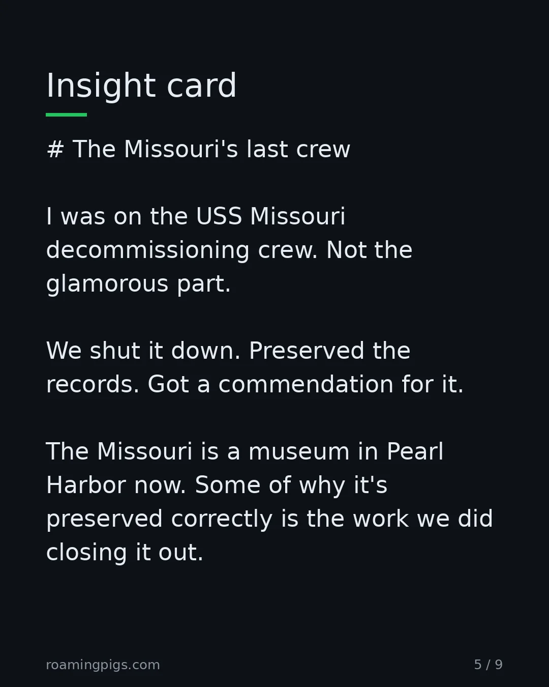 Slide 5 of 9: The decommissioning crew of a battleship that ended a world war. # The Missouri's last crew I was on the USS Missouri decommissioning crew.…