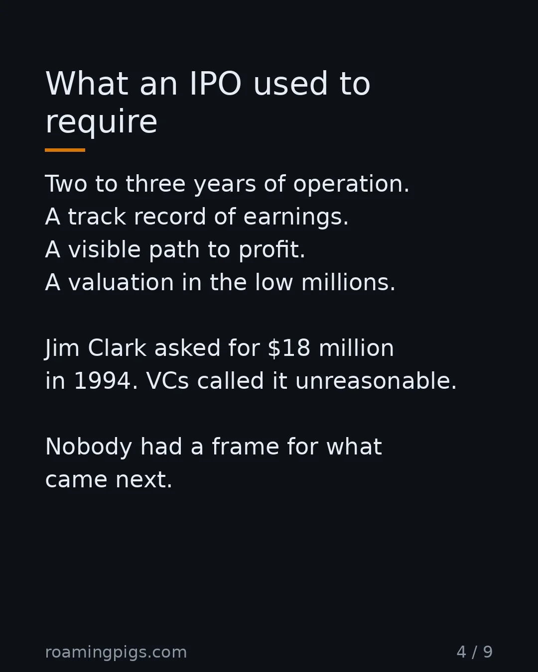 Slide 4 of 9: What an IPO used to require. Two to three years of operation. A track record of earnings. A visible path to profit. A valuation in the low…