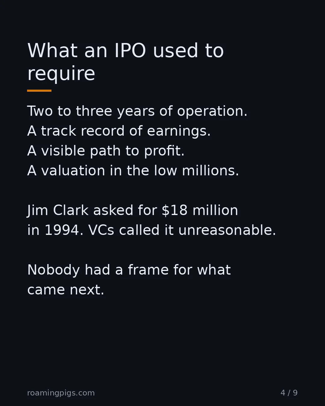 Slide 4 of 9: What an IPO used to require. Two to three years of operation. A track record of earnings. A visible path to profit. A valuation in the low…