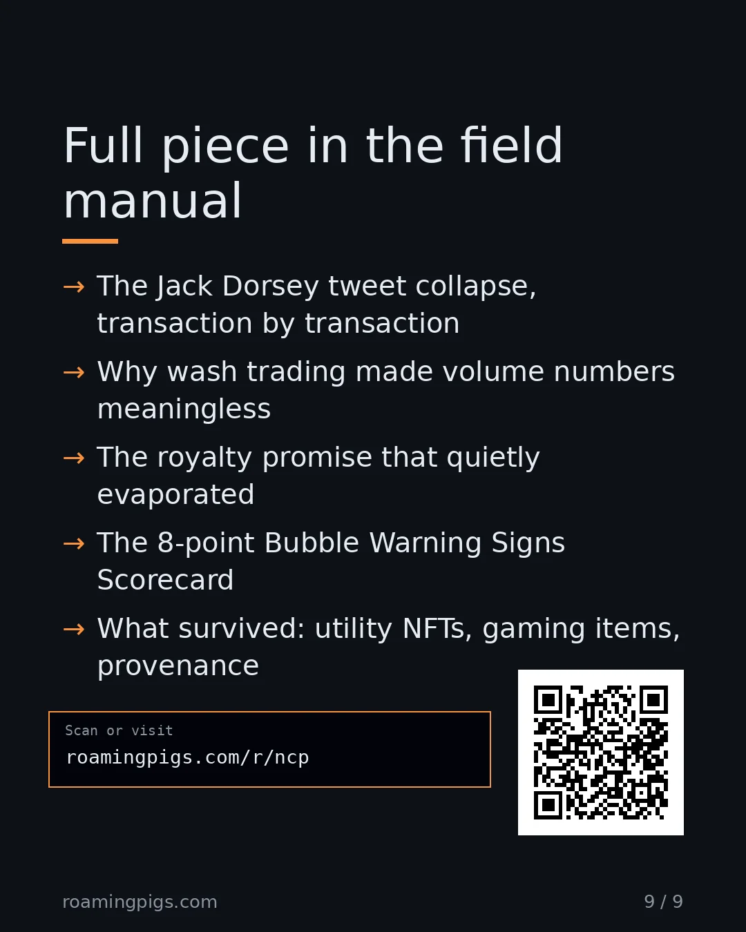 Slide 9 of 9: Call to action: The full retrospective covers: The Jack Dorsey tweet collapse, transaction by transaction Why wash trading made volume…
