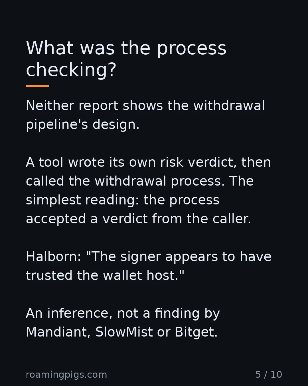 Slide 5 of 10: What was the process checking?. Neither report shows the withdrawal pipeline's design. A tool wrote its own risk verdict, then called the…