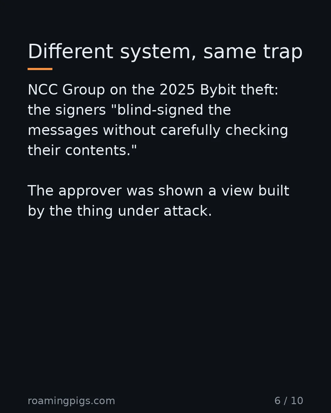 Slide 6 of 10: Different system, same trap. NCC Group on the 2025 Bybit theft: the signers "blind-signed the messages without carefully checking their…