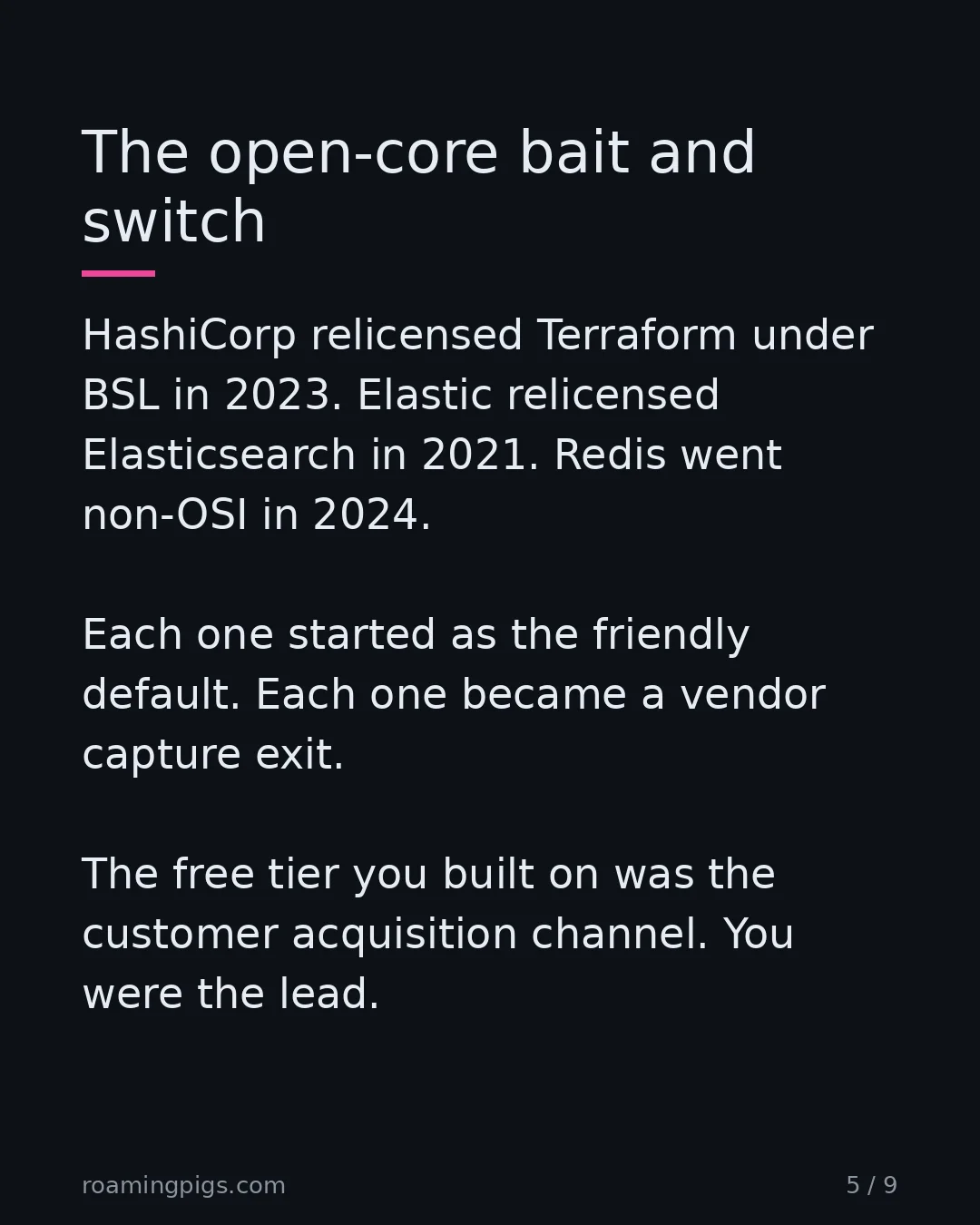 Slide 5 of 9: The open-core bait and switch. HashiCorp relicensed Terraform under BSL in 2023. Elastic relicensed Elasticsearch in 2021. Redis went…