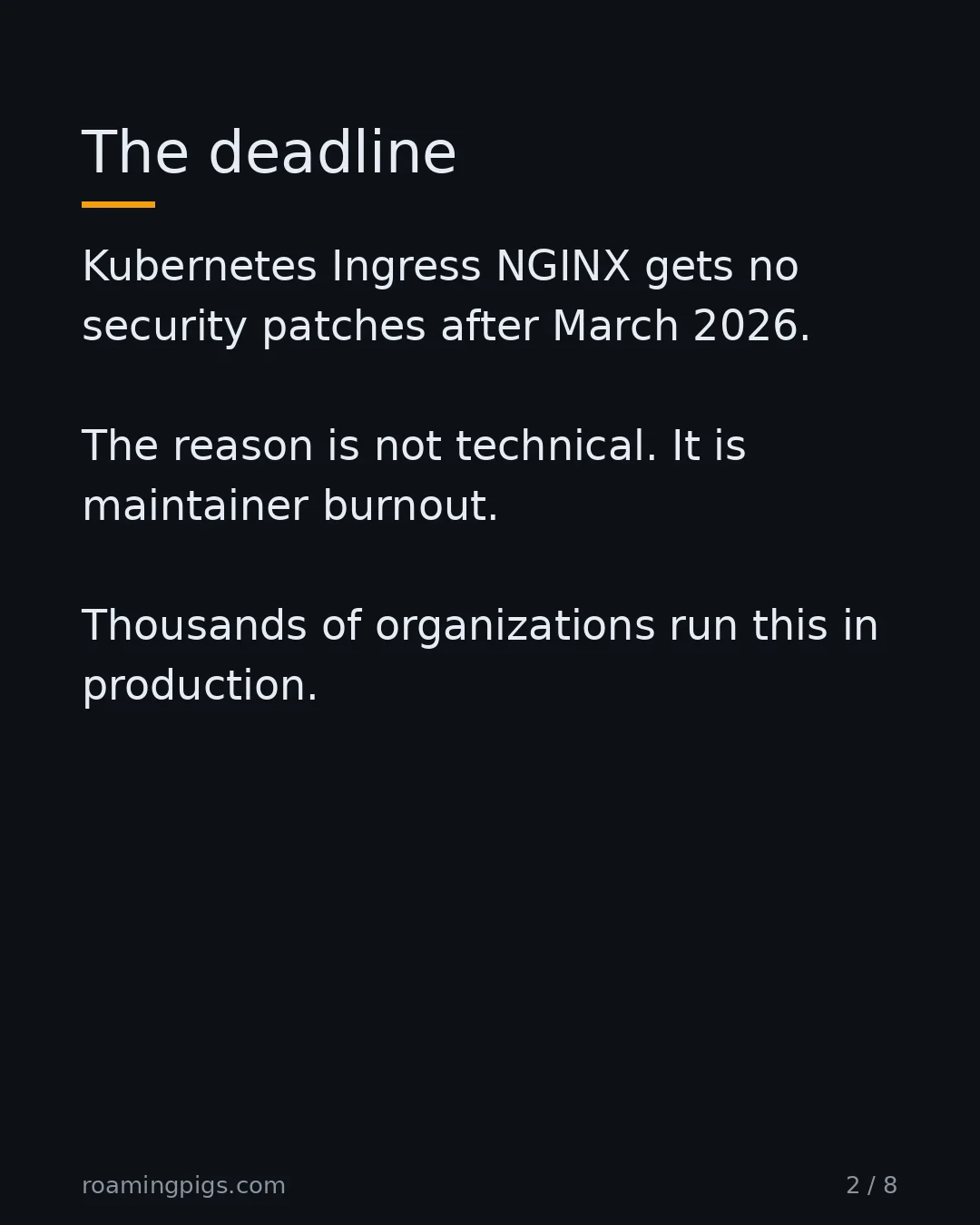 Slide 2 of 8: Kubernetes Ingress NGINX hits end-of-life in March 2026. Kubernetes Ingress NGINX gets no security patches after March 2026. The reason is…