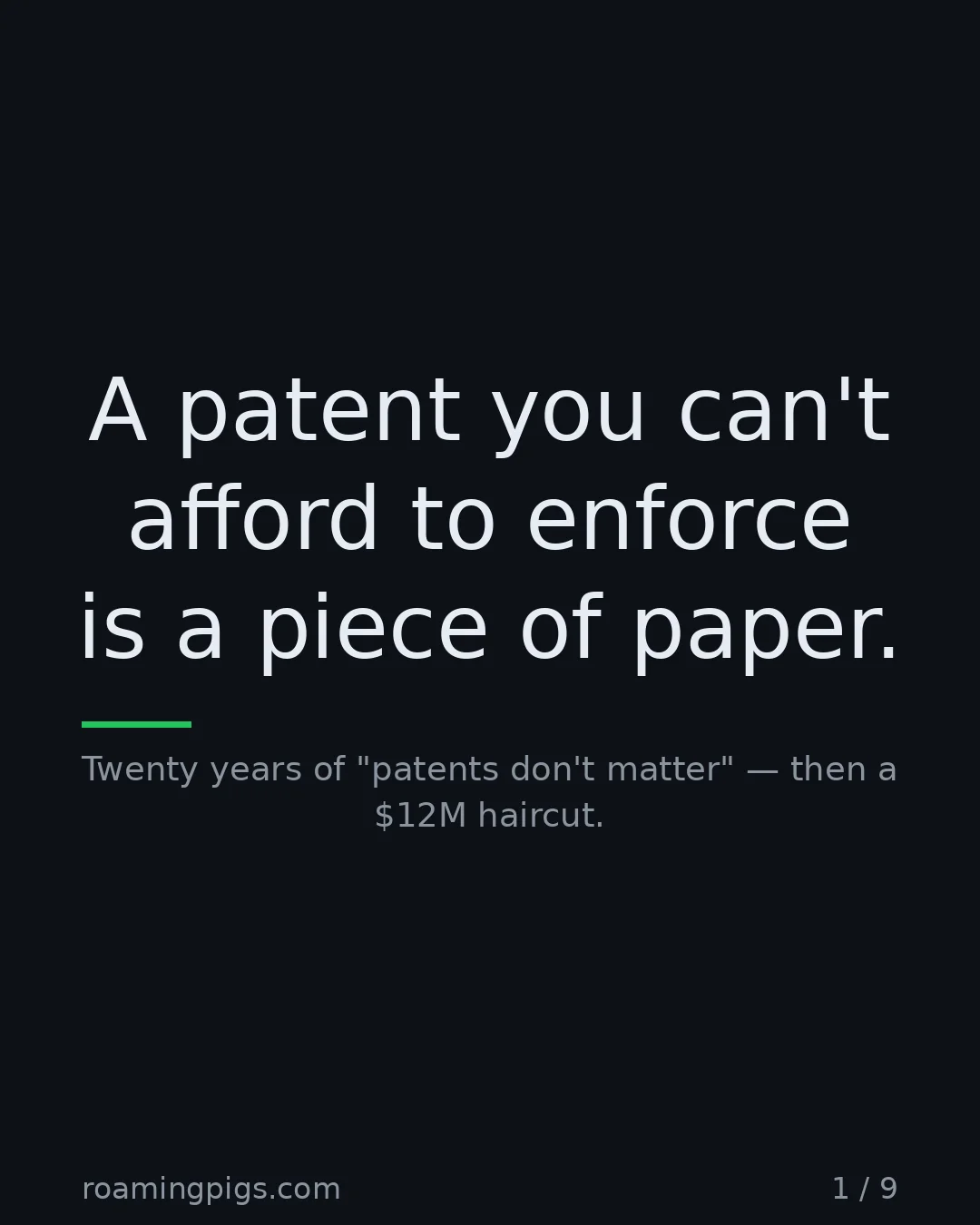 Slide 1 of 9: A patent you can't afford to enforce is a piece of paper.. Twenty years of "patents don't matter" — then a $12M haircut