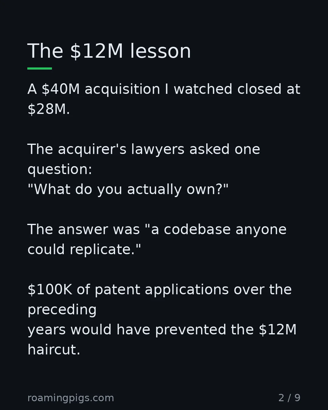 Slide 2 of 9: The $12M lesson. A $40M acquisition I watched closed at $28M. The acquirer's lawyers asked one question: "What do you actually own?" The…