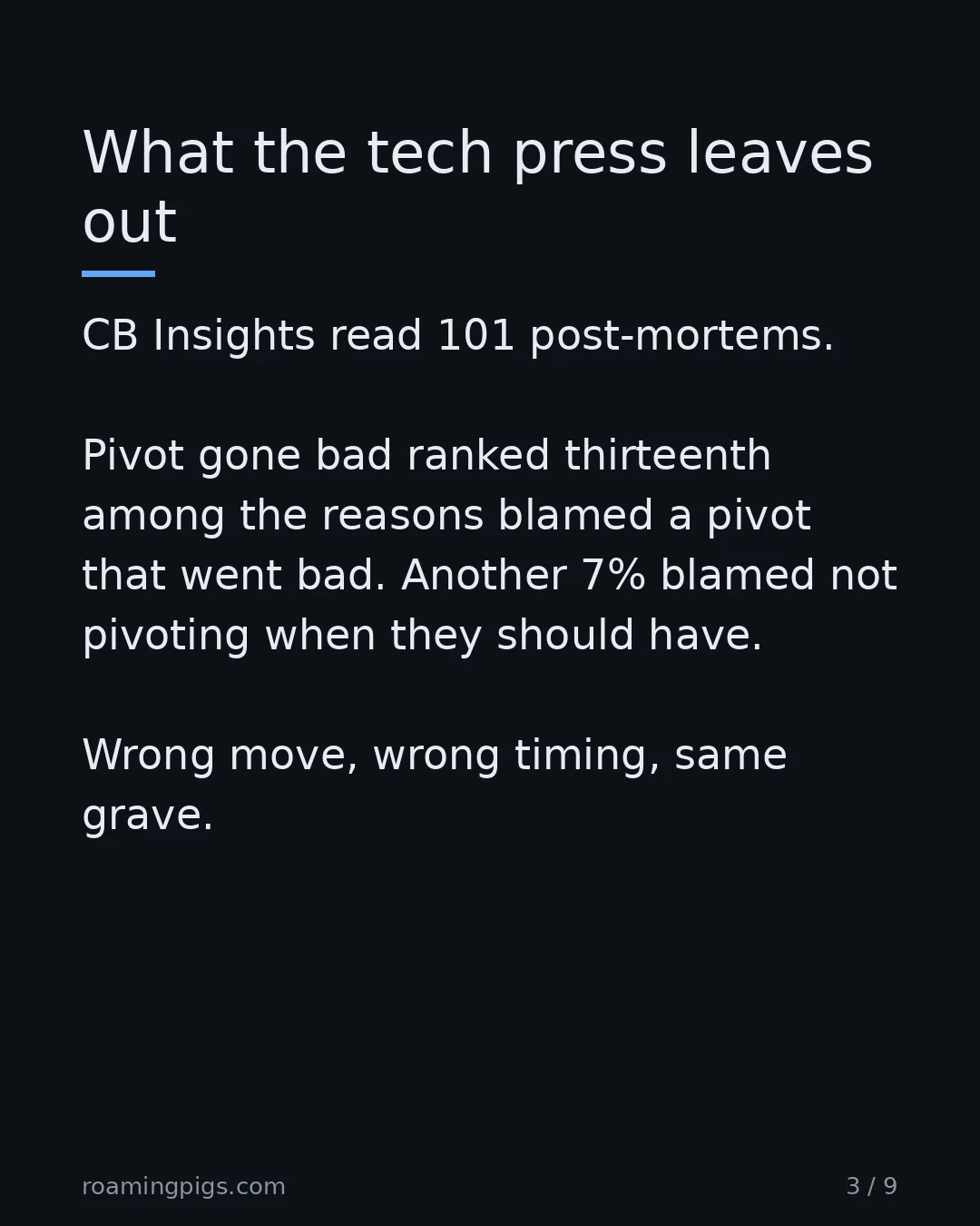 Slide 3 of 9: What the tech press leaves out. CB Insights read 101 post-mortems. Pivot gone bad ranked thirteenth among the reasons blamed a pivot that…