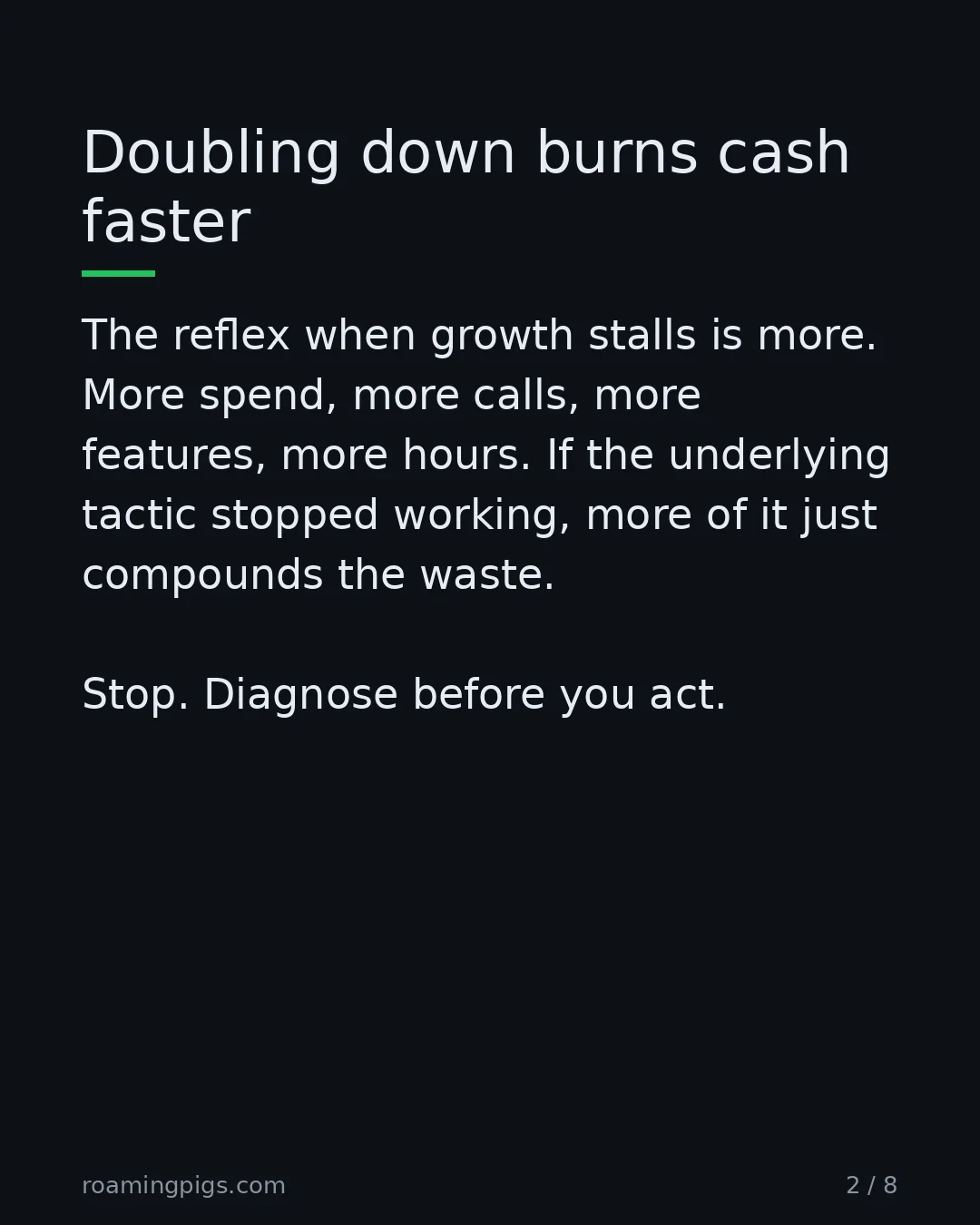 Slide 2 of 8: Doubling down burns cash faster. The reflex when growth stalls is more. More spend, more calls, more features, more hours. If the…