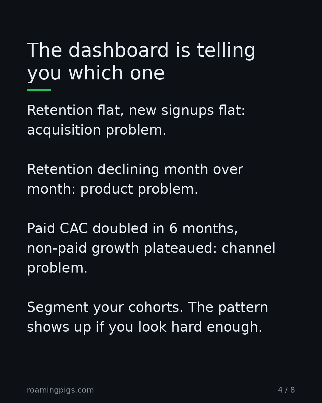 Slide 4 of 8: The dashboard is telling you which one. Retention flat, new signups flat: acquisition problem. Retention declining month over month:…