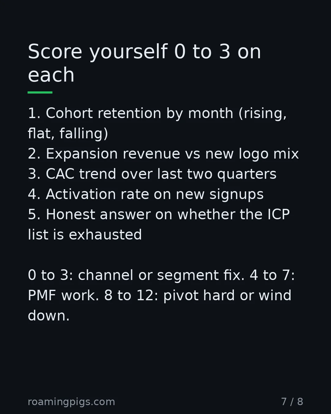 Slide 7 of 8: Score yourself 0 to 3 on each. 1. Cohort retention by month (rising, flat, falling) 2. Expansion revenue vs new logo mix 3. CAC trend over…