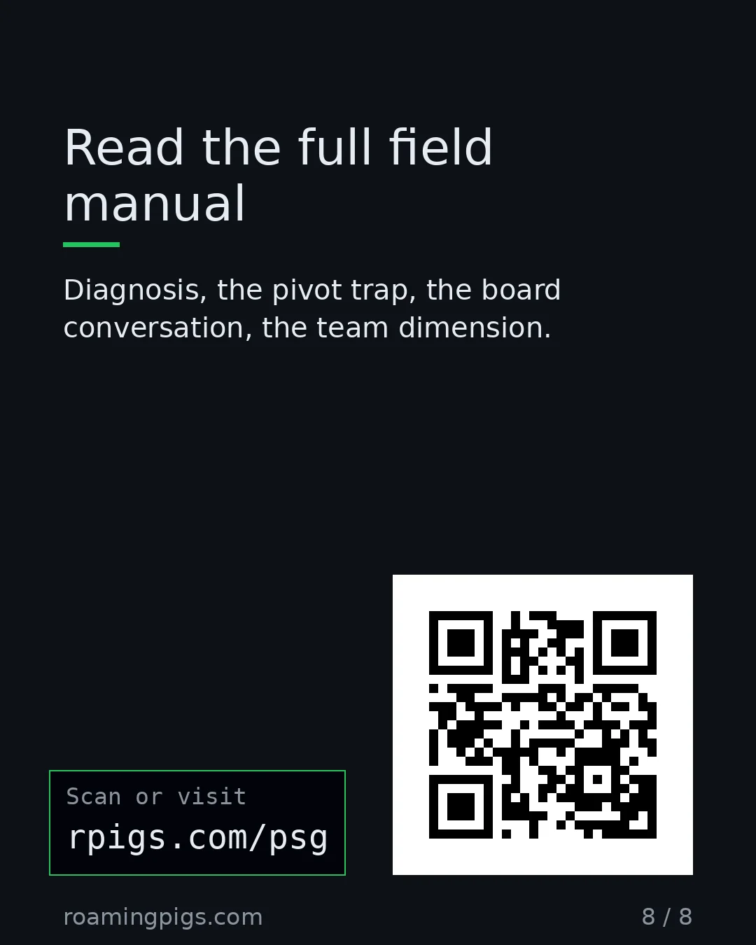 Slide 8 of 8: Call to action: Diagnosis, the pivot trap, the board conversation, the team dimension. rpigs.com/psg Link: rpigs.com/psg