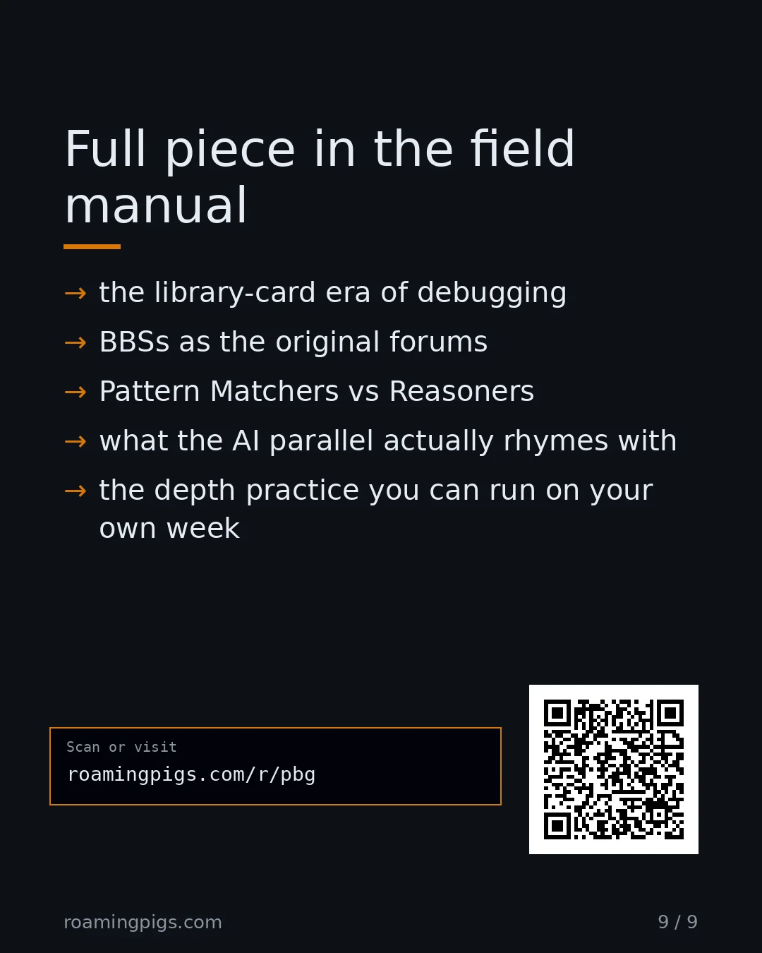 Slide 9 of 9: Call to action: the library-card era of debugging BBSs as the original forums Pattern Matchers vs Reasoners what the AI parallel actually…