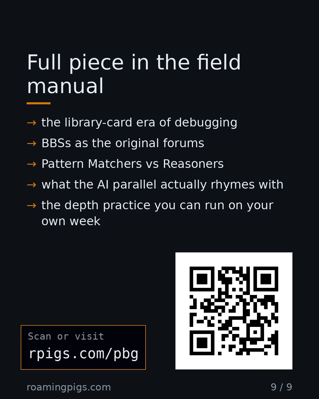 Slide 9 of 9: Call to action: the library-card era of debugging BBSs as the original forums Pattern Matchers vs Reasoners what the AI parallel actually…