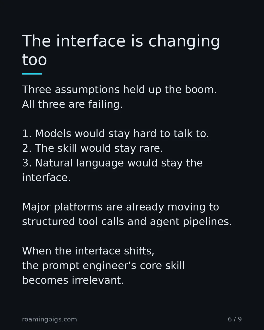 Slide 6 of 9: The interface is changing too. Three assumptions held up the boom. All three are failing. 1. Models would stay hard to talk to. 2. The…