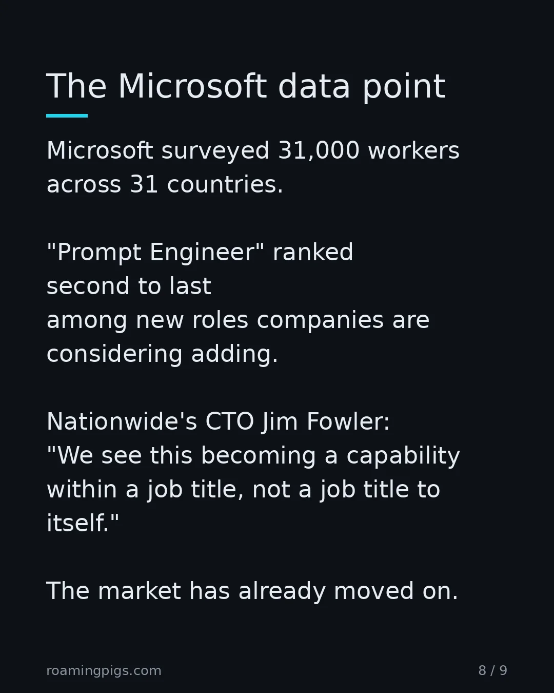 Slide 8 of 9: The Microsoft data point. Microsoft surveyed 31,000 workers across 31 countries. "Prompt Engineer" ranked second to last among new roles…