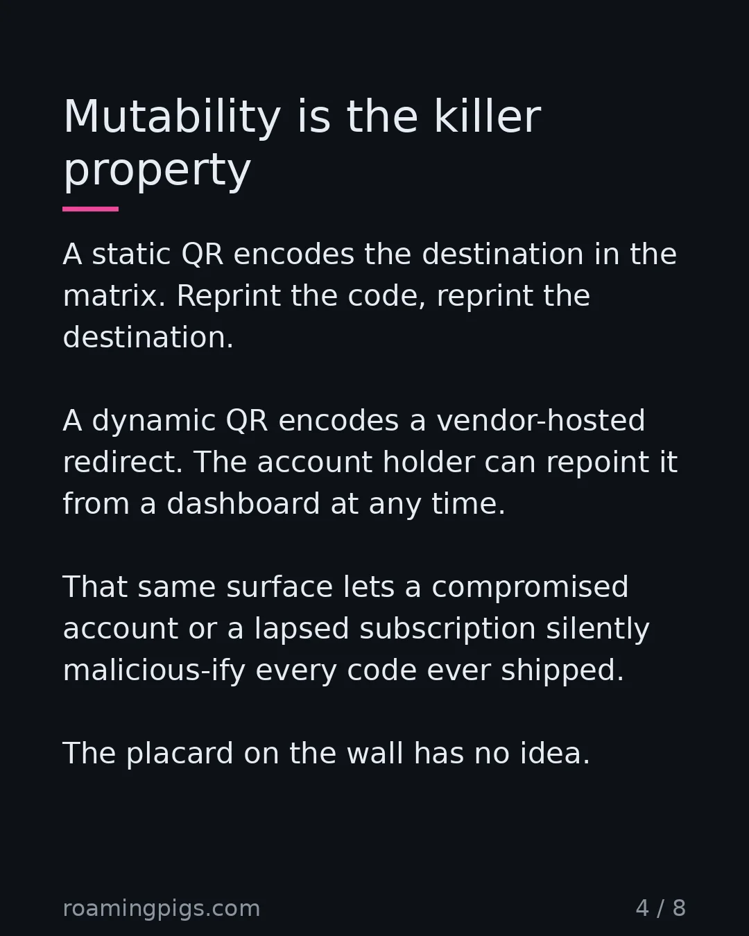 Slide 4 of 8: Mutability is the killer property. A static QR encodes the destination in the matrix. Reprint the code, reprint the destination. A dynamic…