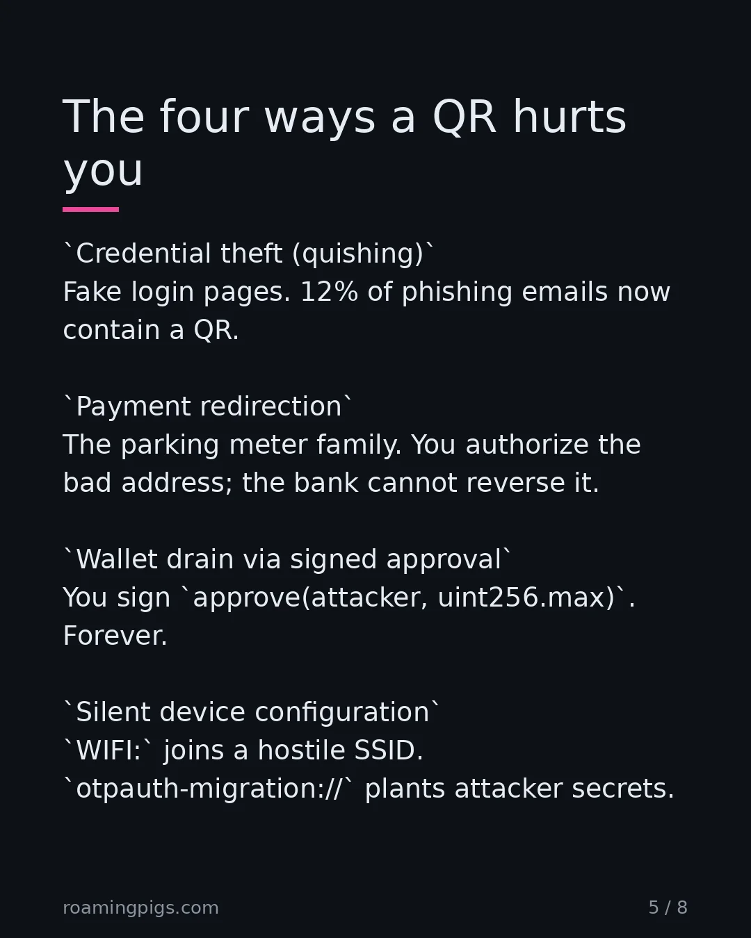 Slide 5 of 8: ERC-20 approve() that drains the wallet